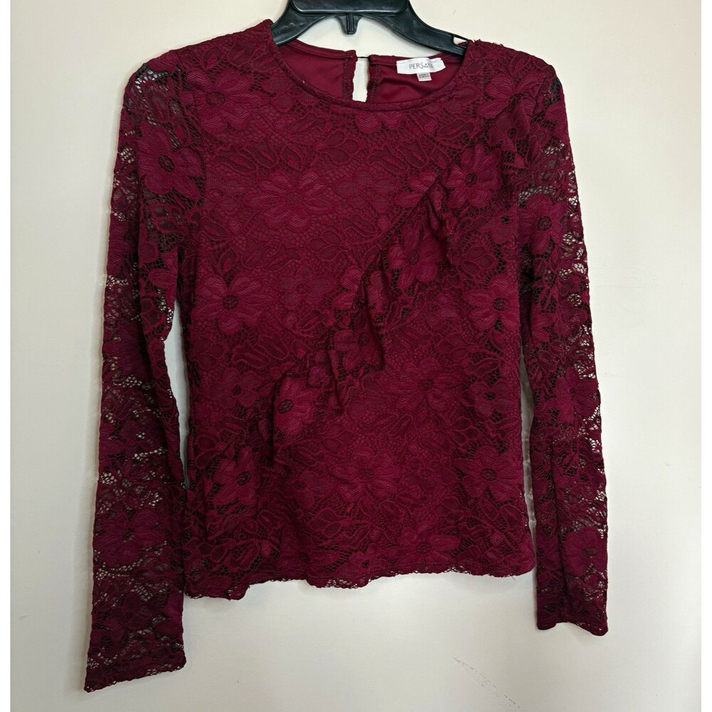Burgundy Floral Lace Sheer Ruffle Long Sleeve Romantic Dark Academia Blouse